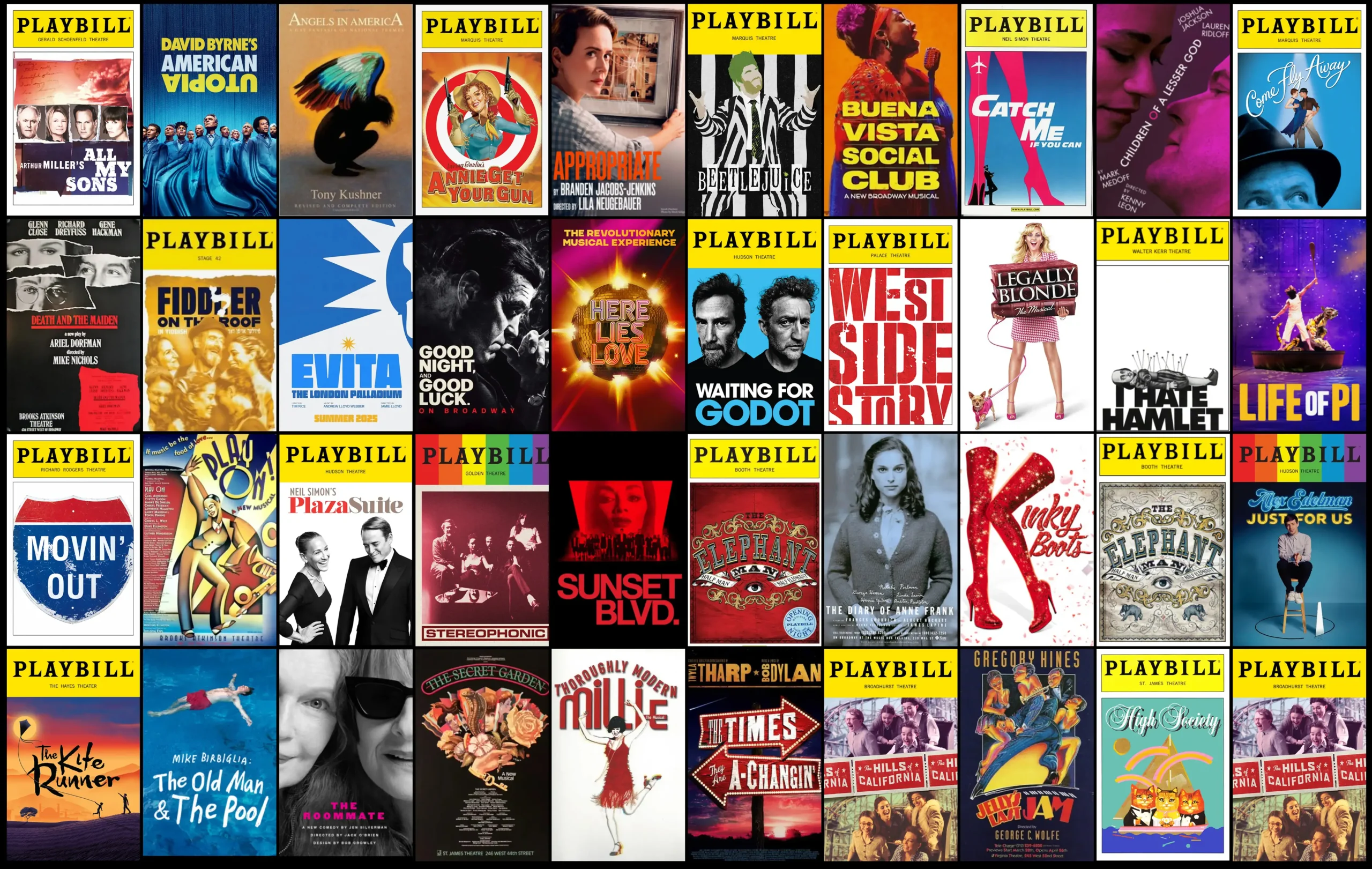 Collage of multiple Playbill and key art covers from Halcyon Theatricals productions