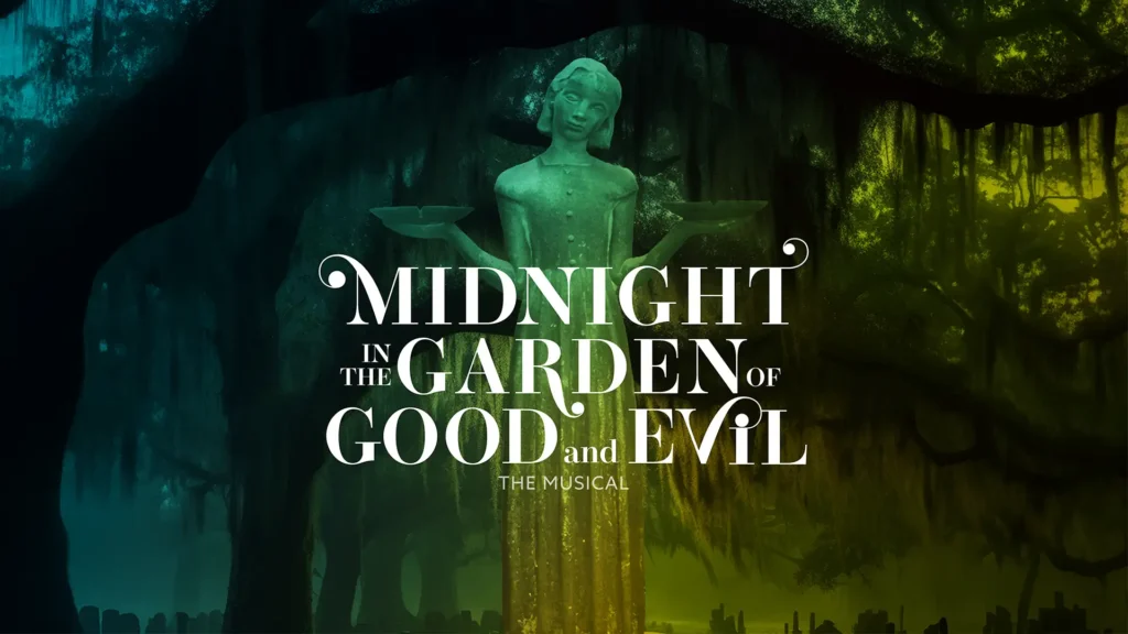 Midnight in the Garden of Good and Evil poster art: a statue beneath moss-draped oak trees in a cemetery, rendered in teal and green, with the show's title overlaid